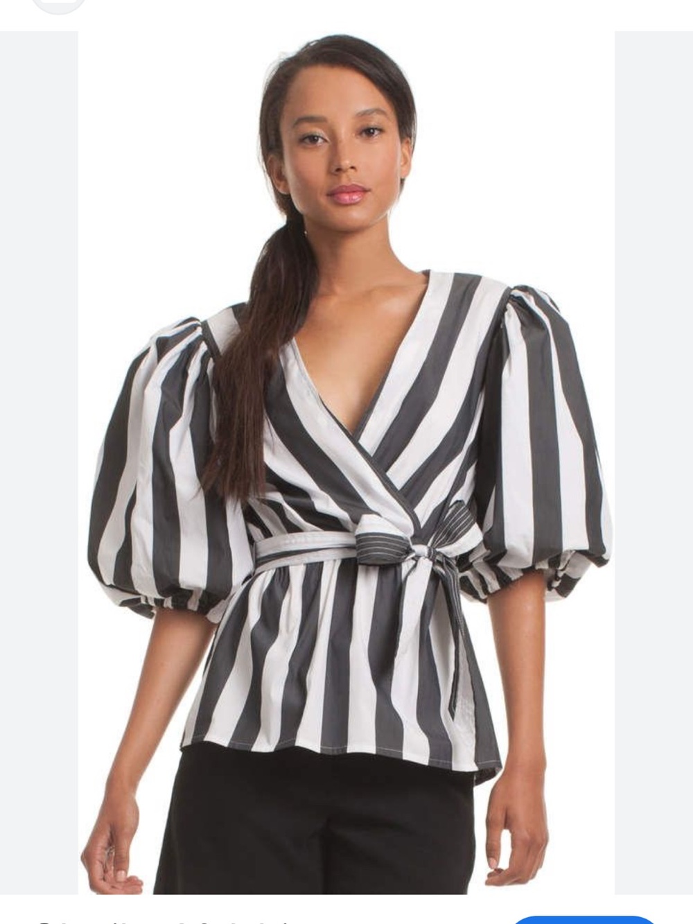 Trina Turk Black & White Striped Puff-Sleeve Wrap Blouse